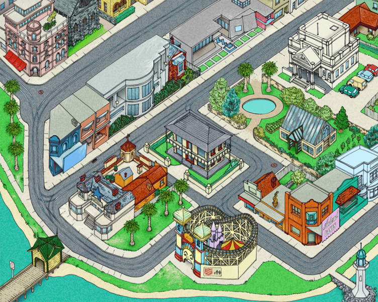 A simplified map of St.Kilda, created as a scrolling background for an interactive interface made for Olivetti.